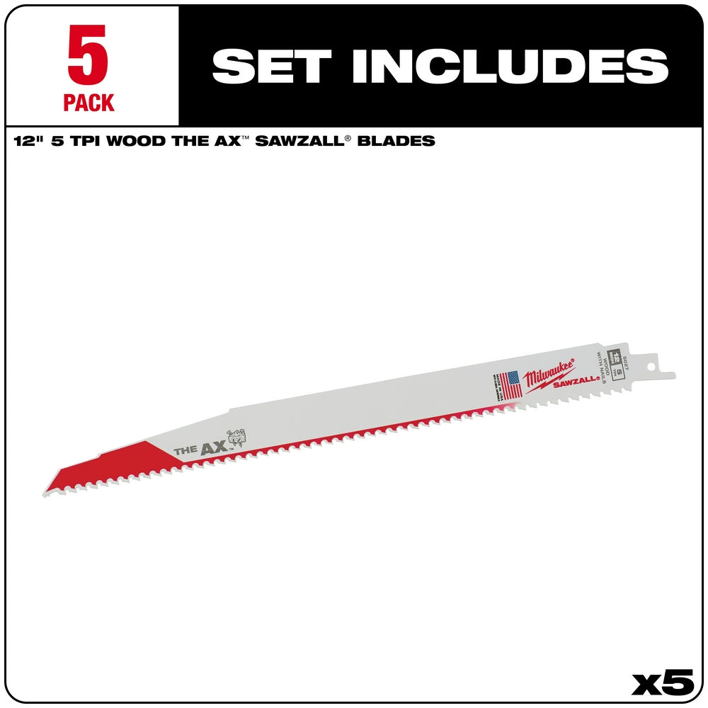 Five Milwaukee 12-inch reciprocating saw blades with red cutting edges and mounting shanks.