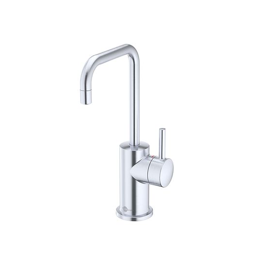 Arctic steel instant hot water dispenser with tall arched spout and single lever control handle.