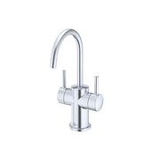 Arctic steel instant hot and cold water faucet with curved spout and dual cylindrical handles.