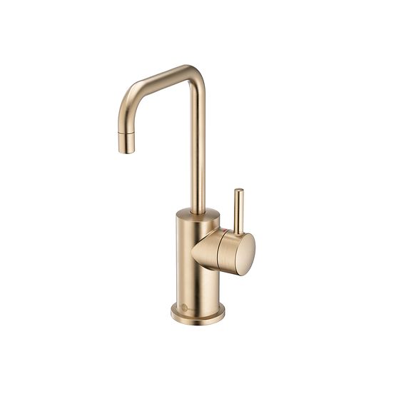 Brushed bronze instant hot water dispenser with tall curved spout and single lever handle.