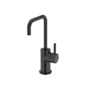 Matte black instant hot water dispenser with curved spout and single lever handle on cylindrical base.