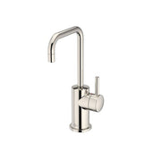 Polished nickel instant hot water dispenser with tall arched spout and single lever handle.