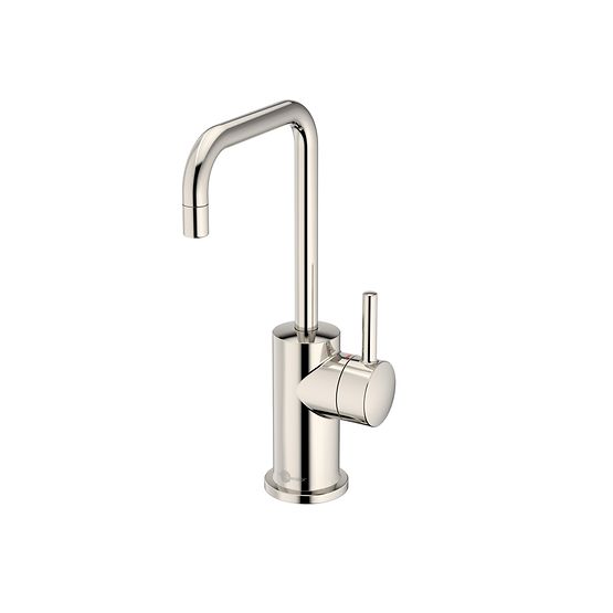 Polished nickel instant hot water dispenser with tall arched spout and single lever handle.