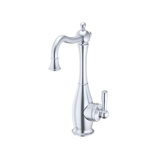 Arctic steel instant hot water dispenser faucet with traditional curved spout and single handle control.