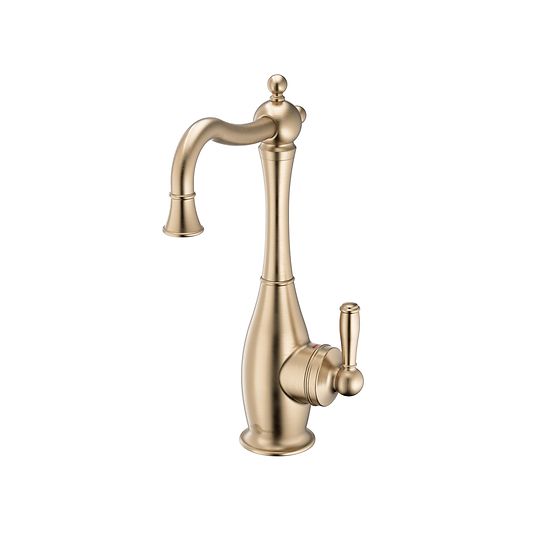 Brushed bronze traditional instant hot water dispenser faucet with curved spout and single lever handle.