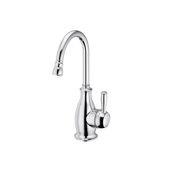 Chrome instant hot water dispenser faucet with curved gooseneck spout and single lever handle.