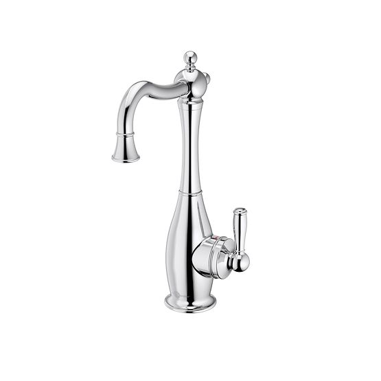 Chrome instant hot water dispenser faucet with curved spout and single lever handle on tall pedestal base.