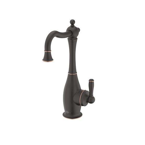 Oil rubbed bronze instant hot water dispenser faucet with curved spout and single lever handle.