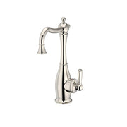Polished nickel traditional hot water dispenser faucet with curved spout and single lever handle.