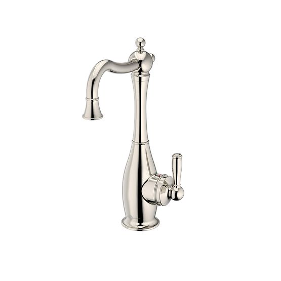 Polished nickel traditional hot water dispenser faucet with curved spout and single lever handle.