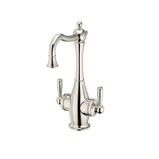 Polished nickel traditional instant hot and cold faucet with curved spout and dual lever handles.