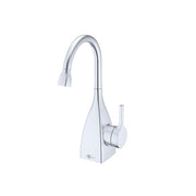 Arctic steel instant hot water dispenser faucet with gooseneck spout and pull-down spray head.