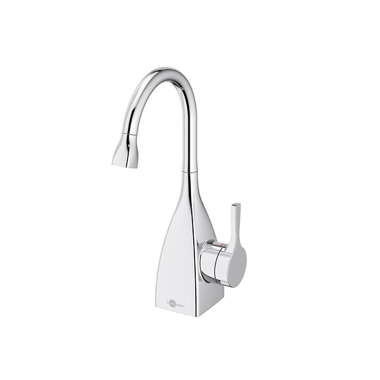 Chrome instant hot water dispenser faucet with gooseneck spout and single lever handle.
