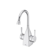 Chrome instant hot and cold water faucet with curved pull-down spout and dual lever handles.