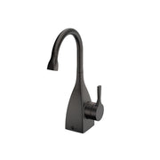 Oil-rubbed bronze instant hot water dispenser faucet with curved pull-down spout and single lever handle.