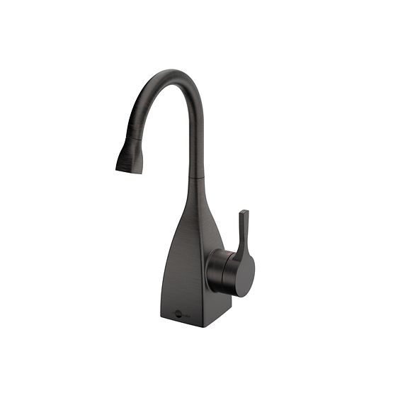 Oil-rubbed bronze instant hot water dispenser faucet with curved pull-down spout and single lever handle.