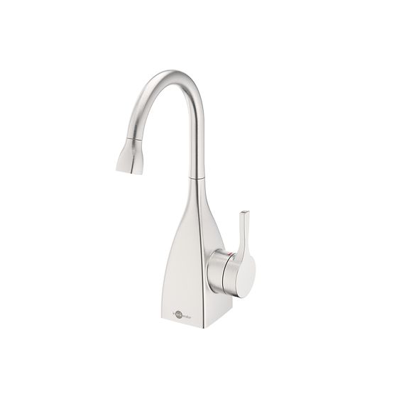 Stainless steel instant hot water dispenser faucet with gooseneck spout and single handle lever control.