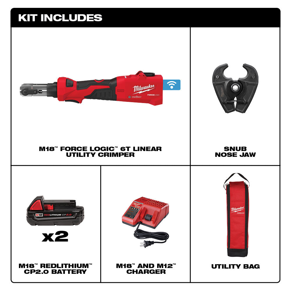 Milwaukee M18 FORCE LOGIC 6T linear utility crimper with red and black housing, snub nose jaw, two batteries, charger, and re