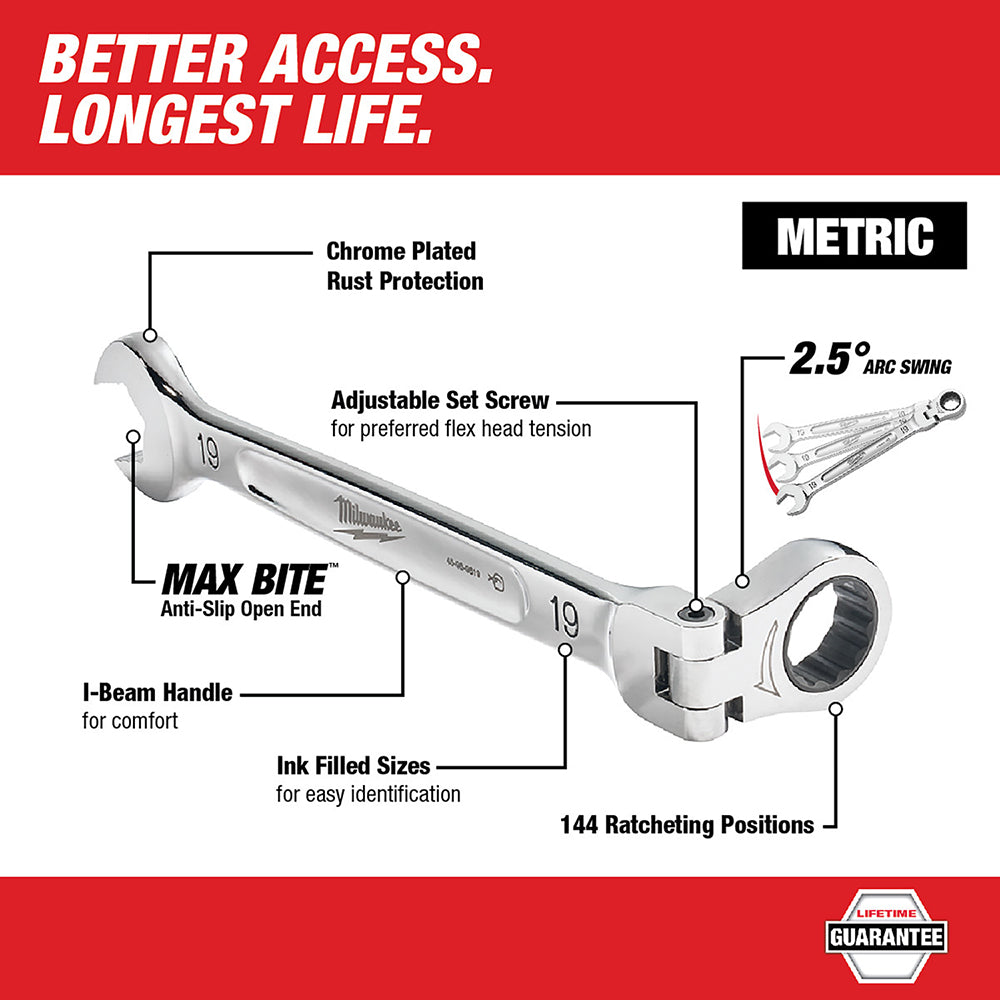 Seven metric flex head ratcheting combination wrenches with chrome plating, I-beam handles, and adjustable set screws display