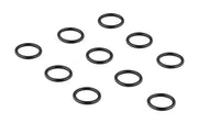 Ten black rubber O-rings arranged in rows on white background.
