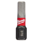 Milwaukee Shockwave Impact hex insert bit with 3/16 in. size marking, featuring gray and black metal construction with red ba