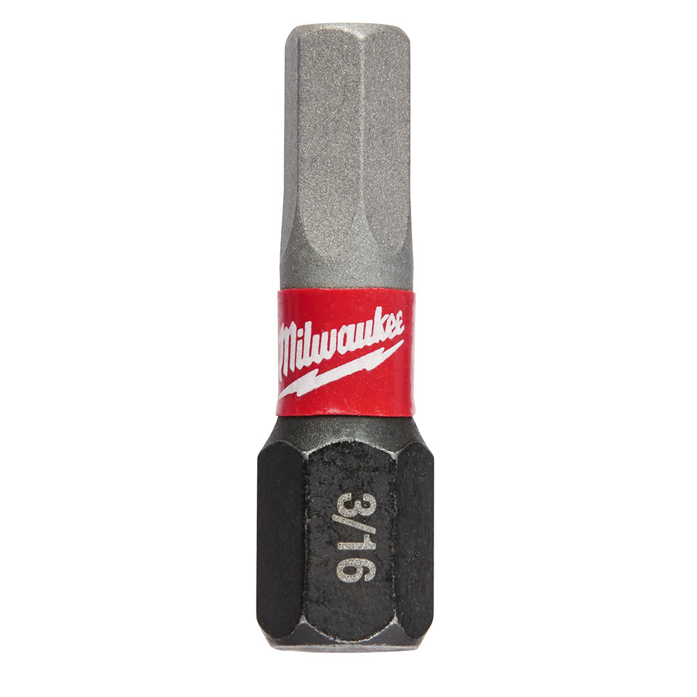 Milwaukee Shockwave hex impact insert bit with 3/16 in. size marking, gray and black with red band.