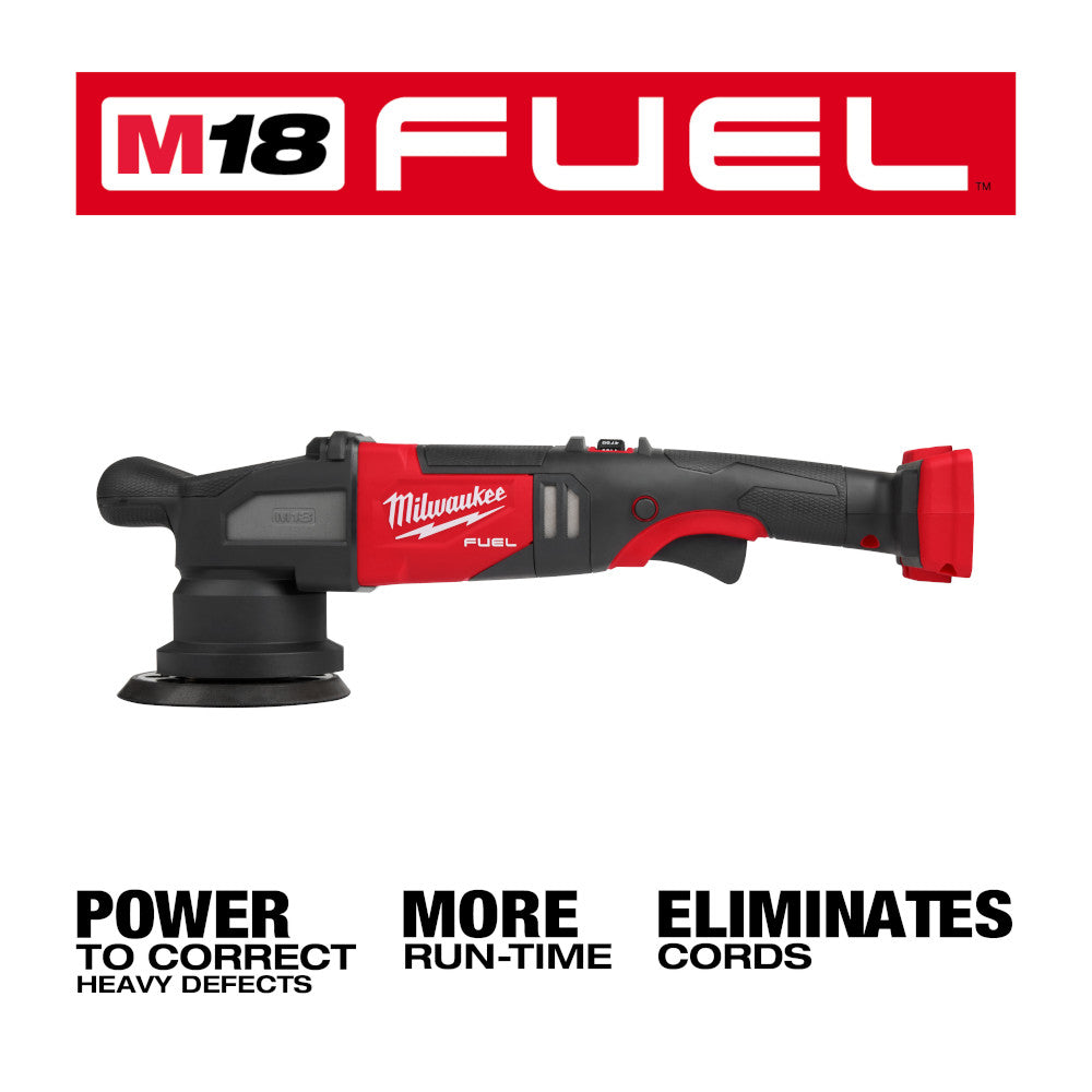 Milwaukee M18 FUEL random orbital polisher with red and black body and circular sanding pad attachment.