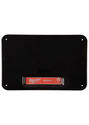 Black rectangular miter saw stand tabletop with rounded corners, four mounting holes, and red Milwaukee label in center.
