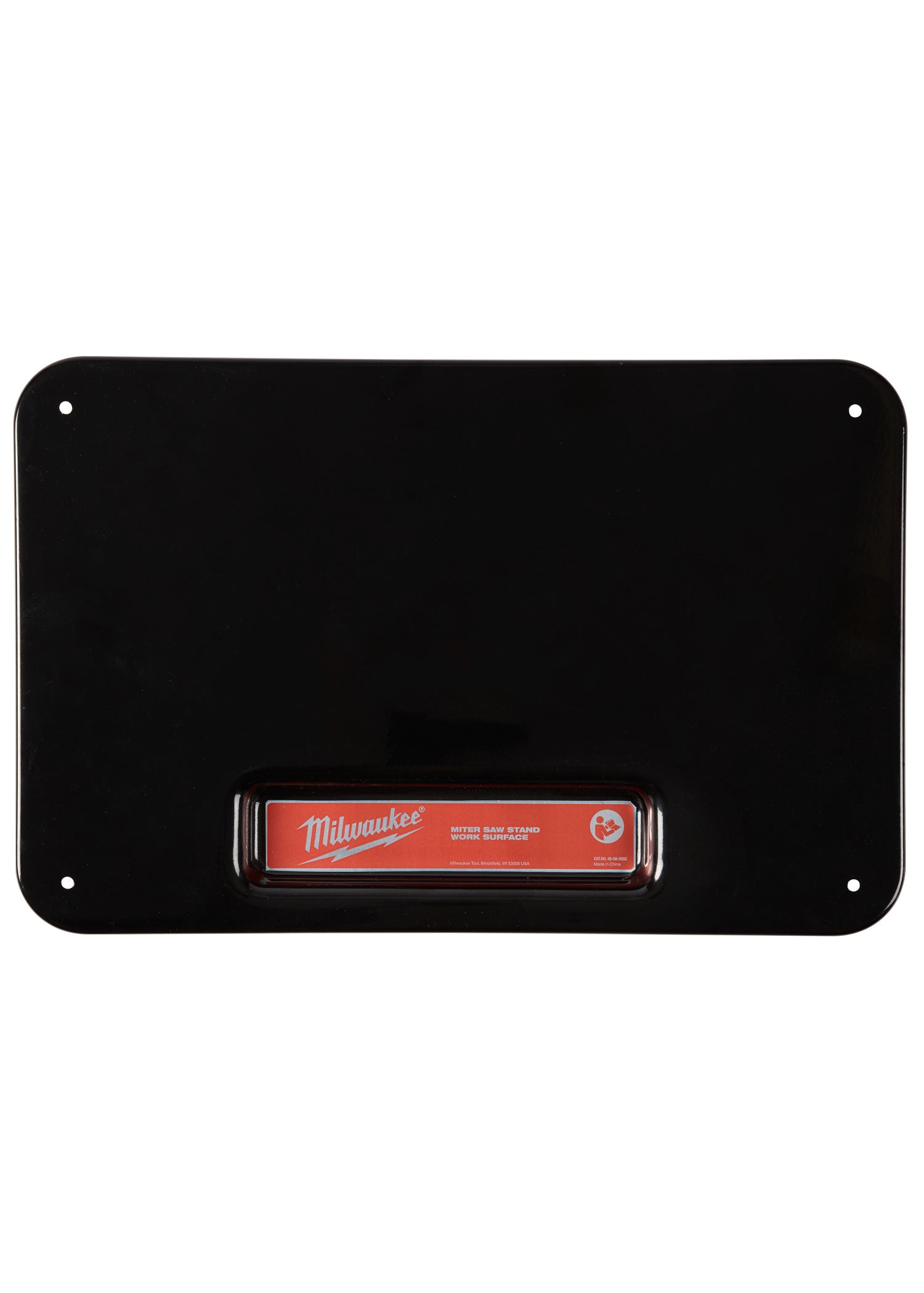 Black rectangular miter saw stand tabletop with rounded corners, four mounting holes, and red Milwaukee label in center.