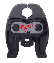 Black and gray Milwaukee M12 press jaw attachment with hexagonal opening and two circular button ports.