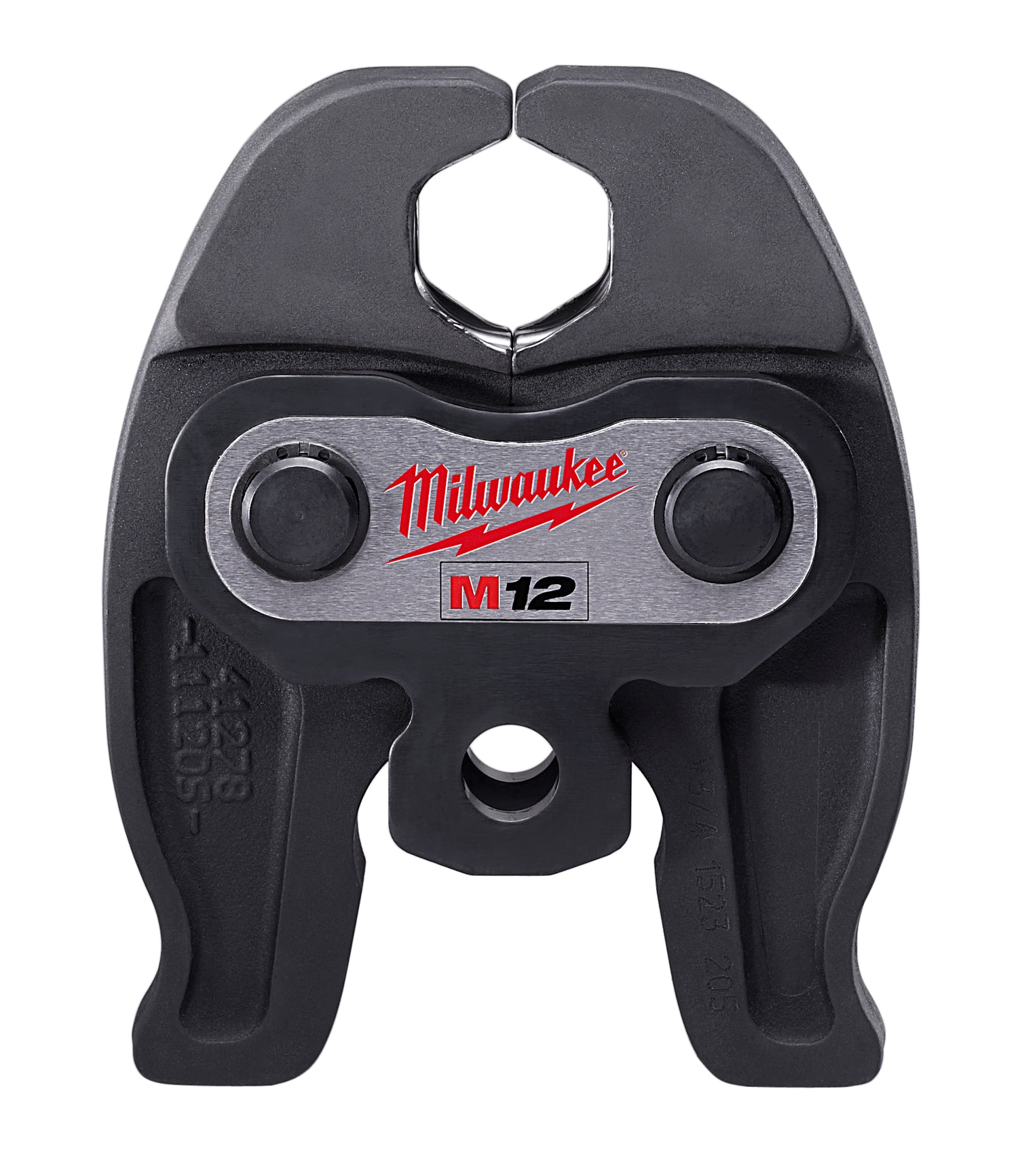 Black and gray Milwaukee M12 press jaw attachment with hexagonal opening and two circular button ports.