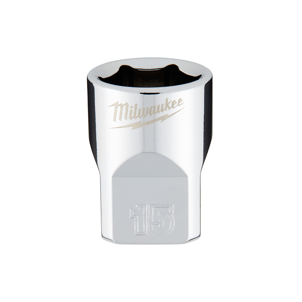 Chrome socket with six-point opening and Milwaukee branding, marked "15" for 15mm size.
