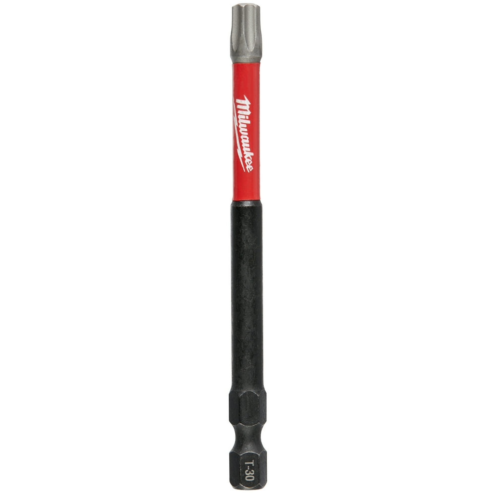 Milwaukee Shockwave T30 Torx impact driver bit with red and black sleeve and black shaft marked T-30.