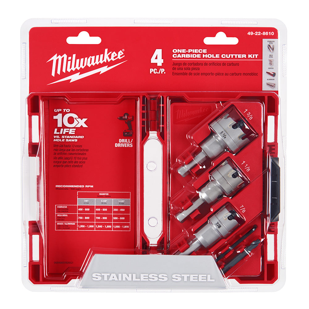 Milwaukee 49-22-8610 four-piece carbide hole cutter set with drill arbor in red plastic case packaging.
