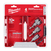 Milwaukee 49-22-8610 four-piece carbide hole cutter set with drill arbor in red plastic case packaging.