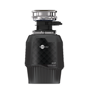 Black InSinkErator garbage disposal with stainless steel top collar and control cord attached to side.