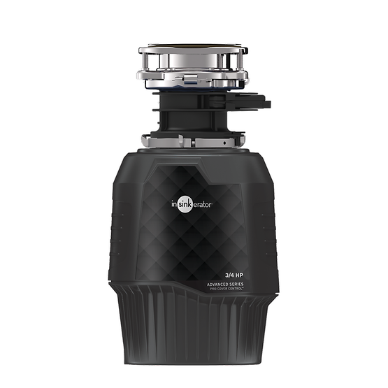 Black InSinkErator garbage disposal with stainless steel top collar and control cord attached to side.