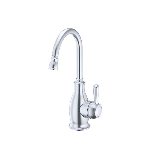 Arctic steel instant hot water dispenser faucet with curved pulldown spout and single lever handle.