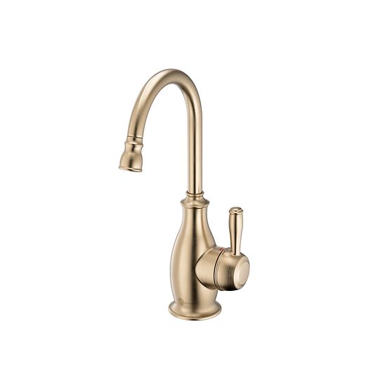 Brushed bronze instant hot water dispenser faucet with curved spout and single lever handle.