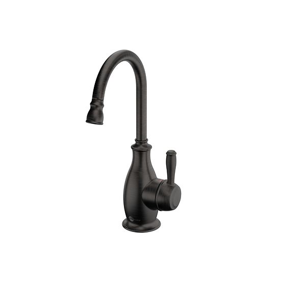 Oil rubbed bronze instant hot water dispenser faucet with curved spout and single lever handle.