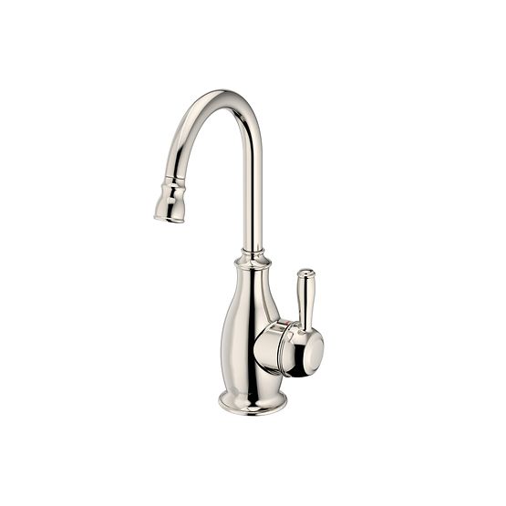 Polished nickel instant hot water dispenser faucet with curved gooseneck spout and single lever handle.