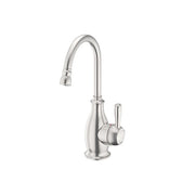 Stainless steel instant hot water dispenser faucet with curved spout and single lever handle.