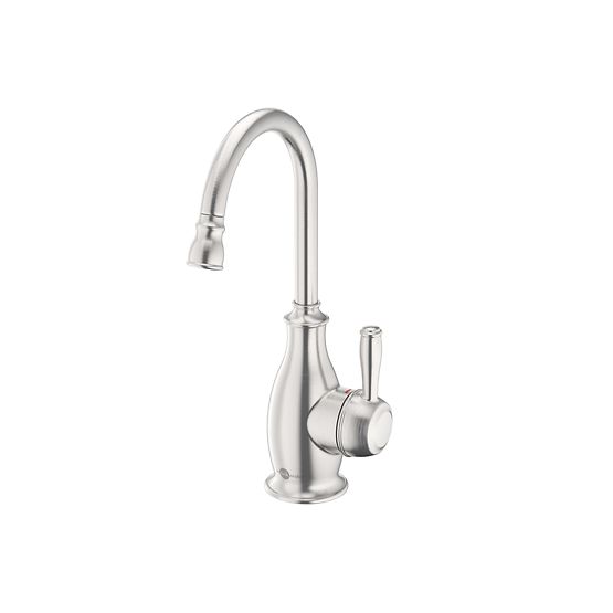 Stainless steel instant hot water dispenser faucet with curved spout and single lever handle.