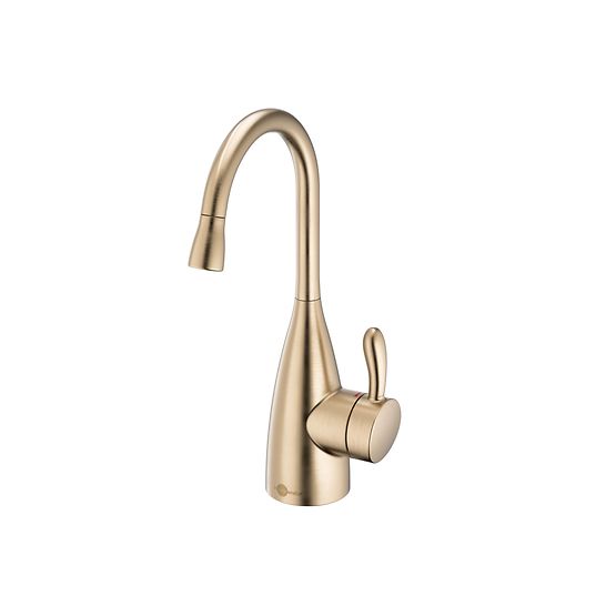 Brushed bronze instant hot water dispenser faucet with curved gooseneck spout and single lever handle.