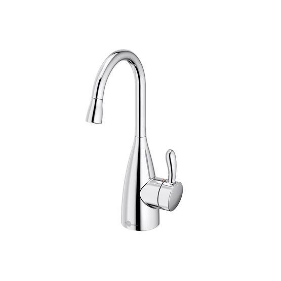 Chrome instant hot water dispenser faucet with curved spout and single lever handle.