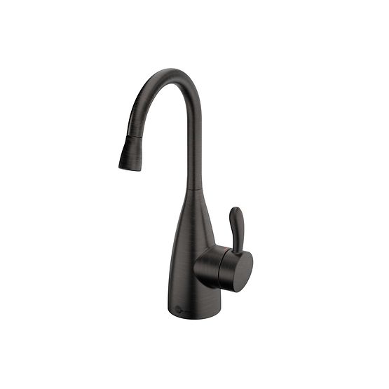 Oil rubbed bronze instant hot water dispenser faucet with curved spout and single lever handle.