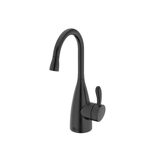 Matte black instant hot water dispenser faucet with curved spout and single lever handle.