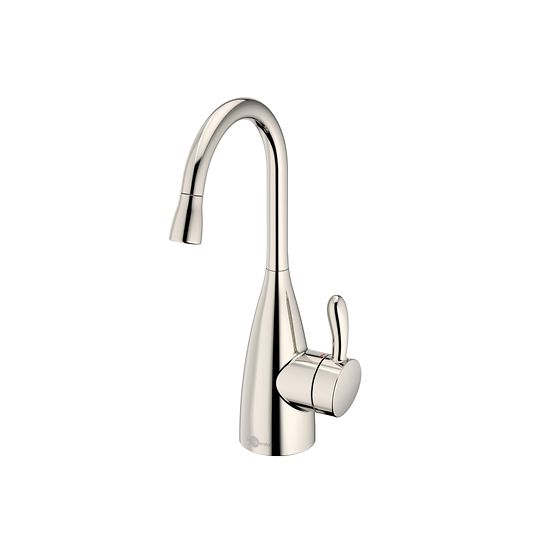 Polished nickel instant hot water dispenser faucet with curved gooseneck spout and single lever handle.