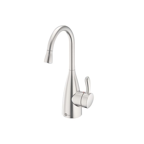 Stainless steel instant hot water dispenser faucet with curved spout and single lever handle.