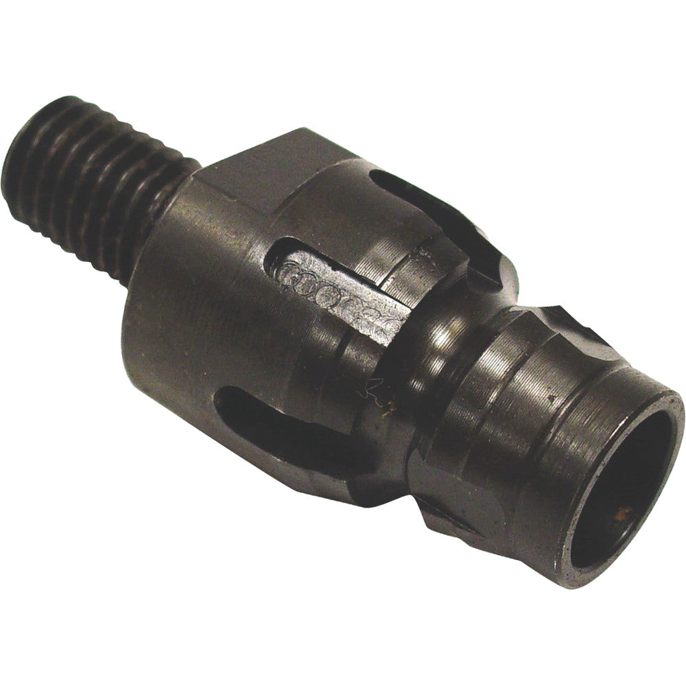 Black metal core bit adapter with threaded male connection on left end and female socket on right end.